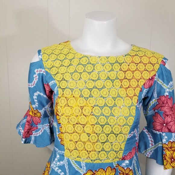 Spanish Style Dress Sz XS 0-2 Blue High Low Floral Crochet Bodice Party Extra Sm - Picture 3 of 9